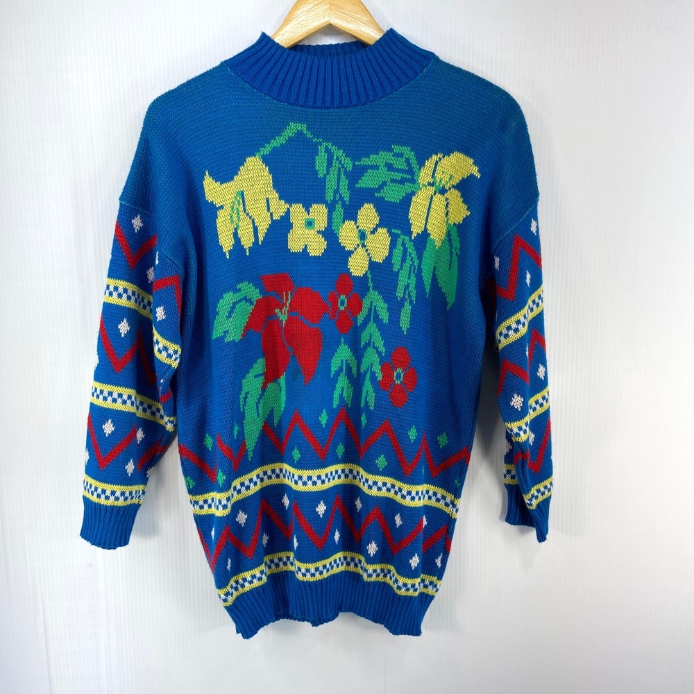 VTG 80s Keneth Too Blue Large Floral Long Sleeve Mock Neck Sweater Womens Medium